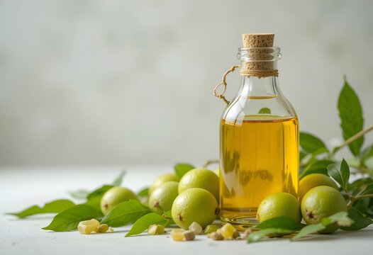 Healthy indian gooseberry oil in a bottle surrounded by fresh amla fruits and leaves. amla oil