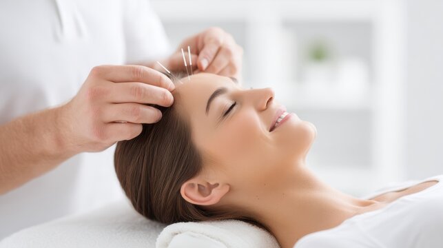 Female patient receiving acupuncture treatment with needles placed on forehead, relaxing in a serene wellness environment, promoting holistic healing - Powered by Adobe