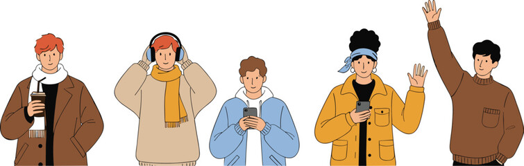 Young people character set using smartphones headphones and casual winter outfits for modern lifestyle flat vector illustration