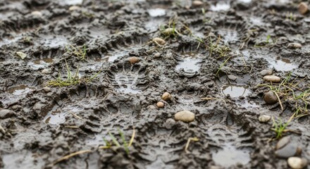 Footprints and tire tracks imprinted on muddy terrain after rainfall creating a textured surface