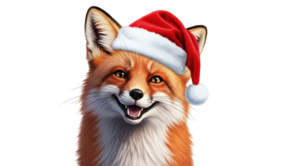 Smiling Red Fox Wearing a Red Santa Hat isolated PNG with Transparent Background