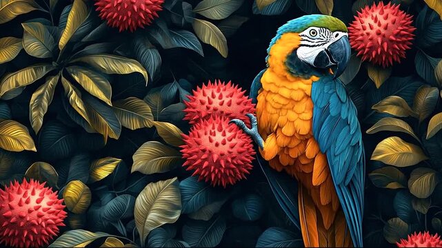 Vibrant parrot amidst colorful flora in a lush setting