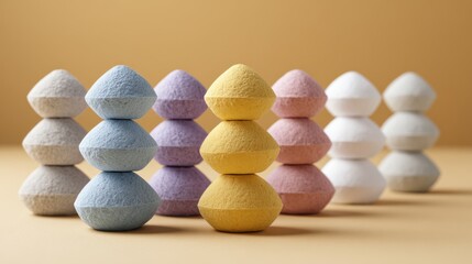 Obraz premium Colorful stacked bath bombs arranged in a visually appealing manner, showcasing various pastel shades and textures against a soft background