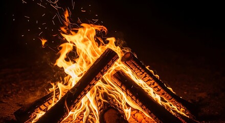 Bright orange flames consume stacked firewood logs burning intensely in the dark