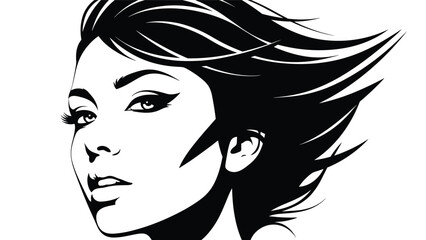 Fototapeta premium High-contrast black and white graphic portrait of a beautiful, confident woman with stylish short hair blowing in the wind.