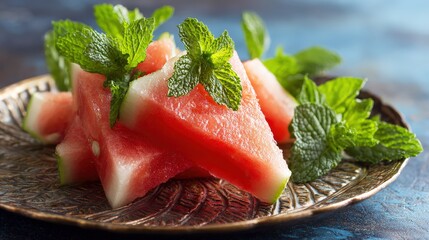 Several triangular watermelon slices are garnished with fresh mint leaves on an ornate metallic dish