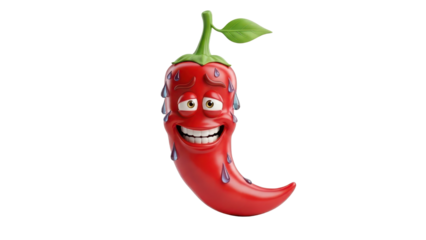 Smiling Red Chili Pepper Character with Sweat Drops isolated PNG with Transparent Background