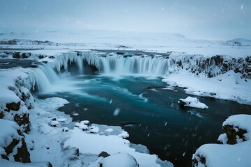 Snow-covered waterfall with turquoise water flowing over rocky cliffs in a winter landscape