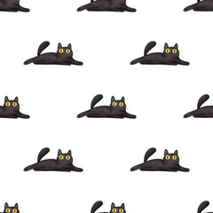 Seamless Pattern of Watercolor Black Cat