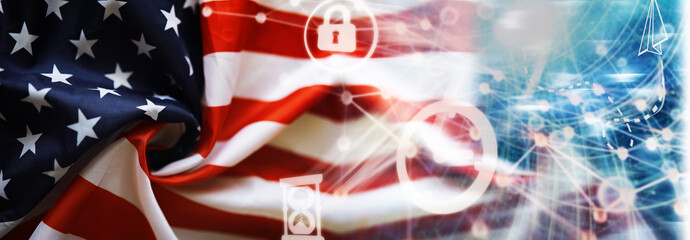 The American striped flag is wavy. Air transportation. Financial center of the world.