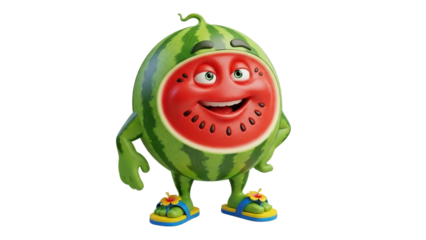 Happy Cartoon Watermelon Character Wearing Sandals isolated PNG with Transparent Background