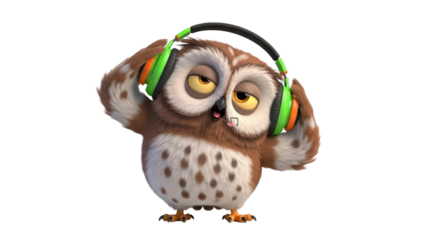 Cute Cartoon Owl with Green Headphones Listening to Music isolated PNG with Transparent Background