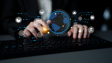 A global business network and digital infrastructure concept. A worldwide connection of services including data, finance, and secure communication. Motif