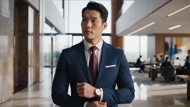 A businessman walks forward with confidence in a corporate environment