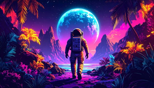 A synthwave astronaut traverses a neon digital landscape: a striking fusion of science fiction, vaporwave aesthetics, and futuristic cosmic exploration. Stunning cyberpunk scene.
