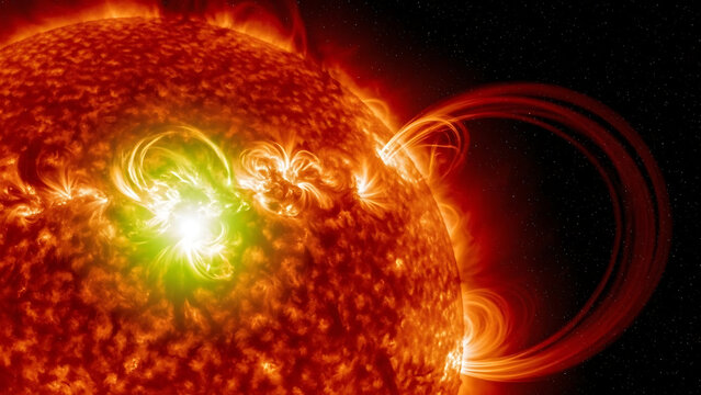 Solar flare erupting from surface of sun with bright green and orange flames and sunspot coronal mass ejection space - Powered by Adobe