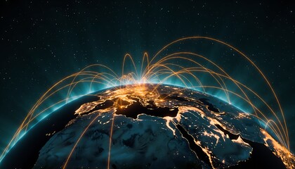 Global network connection lines encompassing planet earth at night with illuminated city lights symbolizing telecommunications internet and worldwide business connectivity