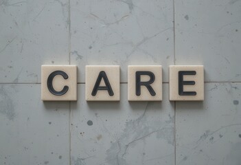 Fototapeta premium Text Tiles Spelling Care on a Gray Marble Background for Wellness Concept