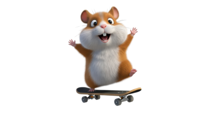 Happy 3D Hamster Character Riding Skateboard isolated PNG with Transparent Background