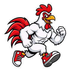 Muscular Cartoon Rooster Mascot Playing Basketball in Orange Jersey, Running and Dribbling Ball in Fun Bold Style. Perfect for eSports Logos, Team Branding, or Sports Mascot Artwork.