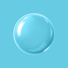 Realistic 3D glass ball with glares and highlight effect, vector glossy transparent volume glass sphere isolated on blue