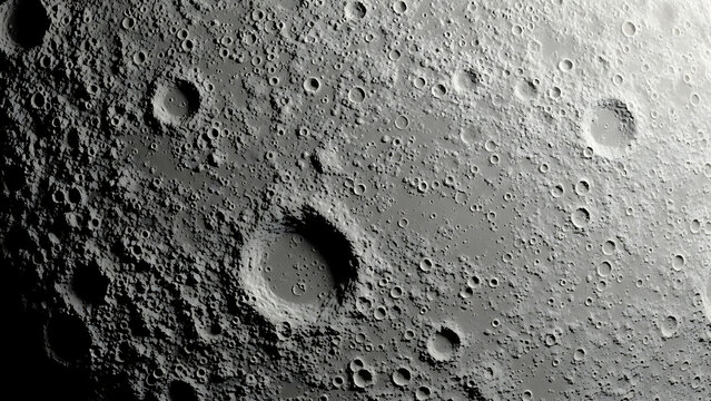 Cratered lunar surface with large impact craters and textured terrain including moon space astronomy - Powered by Adobe