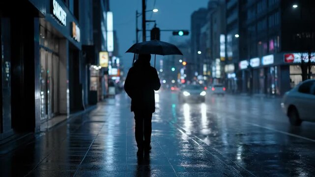 Silhouette of a person with umbrella walking in the rain at night