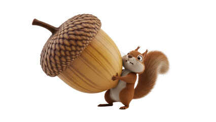 Cute Cartoon Squirrel Struggling to Carry a Large Acorn isolated PNG with Transparent Background