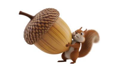 Cute Cartoon Squirrel Struggling to Carry a Large Acorn isolated PNG with Transparent Background
