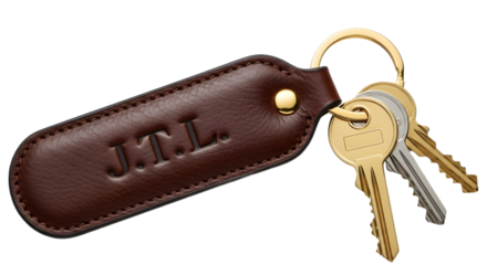 Brown Leather Keychain with Embossed Initials J.T.L. and Metal Keys on Gold Ring Product Shot isolated PNG with Transparent Background