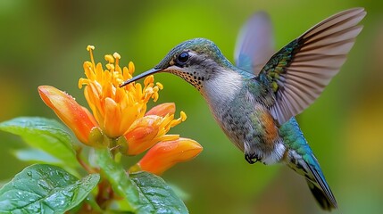 Fototapeta premium Hummingbird feeding on bright orange flower with green foliage background image photo