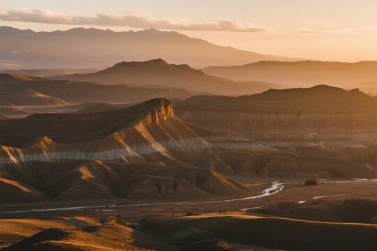 Sunset over a vast desert landscape with layered mesas and winding road - Powered by Adobe