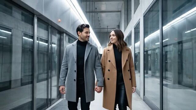 A couple holds hands while walking down a modern hallway.