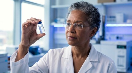 Senior black woman scientist examining a vaccine vial with clear liquid in a research laboratory