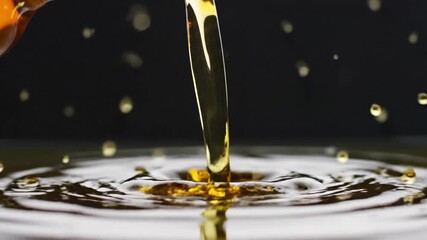 Close-up of golden liquid being poured, creating a splash and ripples on dark surface