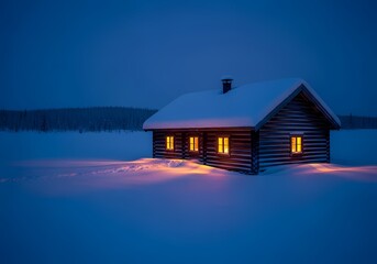 Snow-covered log cabin with glowing windows at dusk in a winter landscape