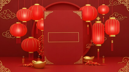 Red Chinese lanterns and ornate book on red background for Chinese New Year. 