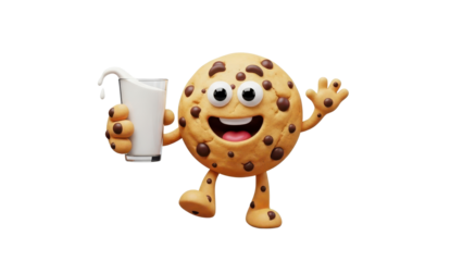 Happy Cartoon Chocolate Chip Cookie Character Holding Glass of Milk isolated PNG with Transparent Background