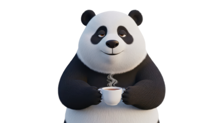 Cute Cartoon Panda Holding Steaming Coffee Cup isolated PNG with Transparent Background