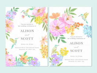 Elegant floral wedding invitation design template set with hand painted pastel style colorful flowers and cute humming birds. Vector file. Pink peony and wild flowers background. © Sawango