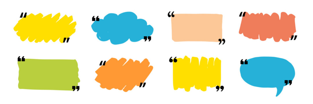 Text box frame set with quotation mark. Hand drawn marker brush stroke text talk message frame background. Quotation mark dialog speech, square, chat color design template. Vector illustration