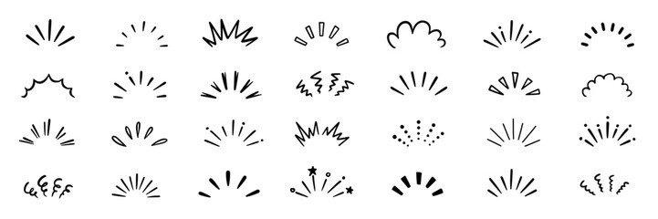 Naklejka na ściany i meble Hand drawn line art bursts with surprise rays and sparkles. Doodle hand drawn starburst icons shine bright. Surprise shapes for comic effects, manga splash, cartoon decorations. Vector illustration
