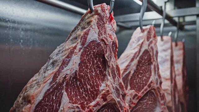 Close-up of large cuts of raw meat hanging from metal hooks in a refrigerated butcher shop