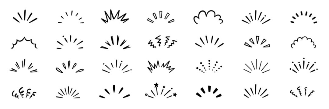 Hand drawn line art bursts with surprise rays and sparkles. Doodle hand drawn starburst icons shine bright. Surprise shapes for comic effects, manga splash, cartoon decorations. Vector illustration