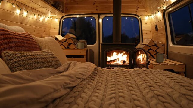 Cozy Van Life Interior with Fireplace - A warm and inviting interior of a camper van is shown with a cozy bed, cushions, a wood-burning stove and string lights.