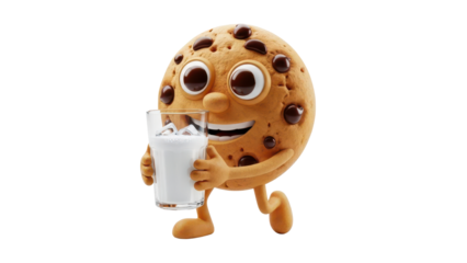 Smiling Chocolate Chip Cookie Character Holding Glass of Milk isolated PNG with Transparent Background