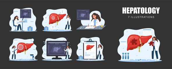 Liver health concept. Doctor examination and diagnosis for disease prevention and treatment. Medical illustration.
