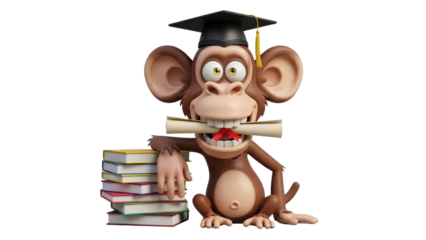3D Cartoon Monkey Graduate with Diploma and Stack of Books isolated PNG with Transparent Background