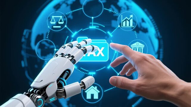 Human hand and robot hand reaching tax icon, financial business management, digital globe showing planning accounting income payment deadline management individual tax return