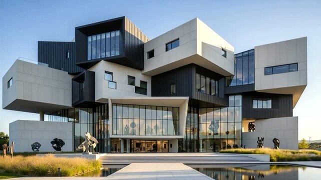 Modern architectural marvel with sculptures and reflections